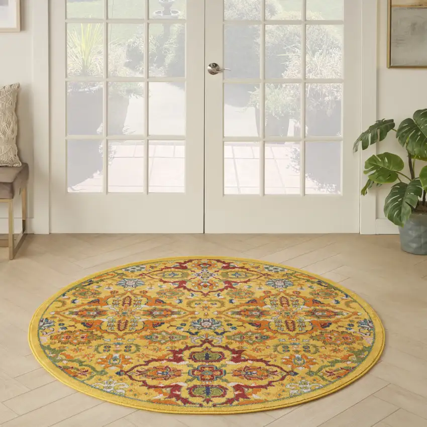 5' Yellow Round Floral Power Loom Area Rug Photo 6