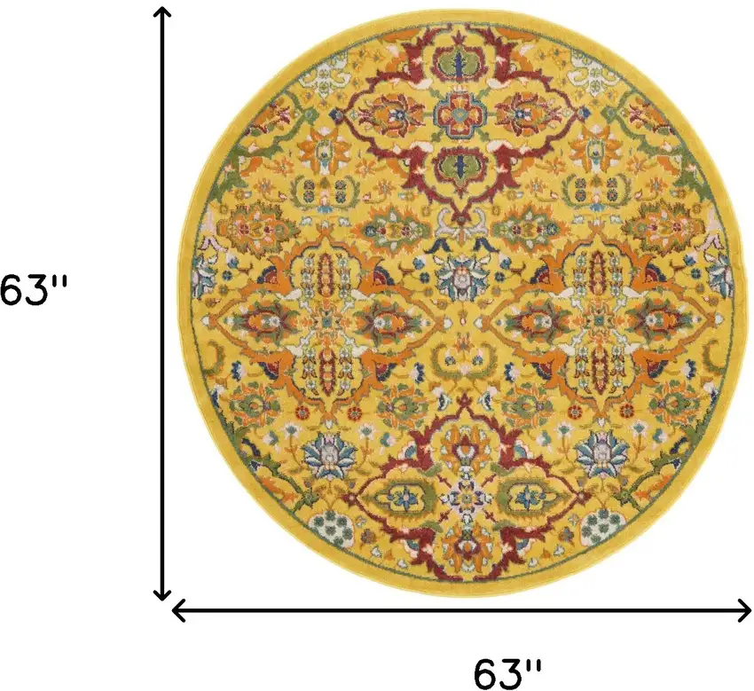 5' Yellow Round Floral Power Loom Area Rug Photo 3