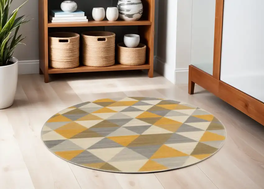 5' Yellow Round Geometric Washable Non Skid Area Rug Photo 1