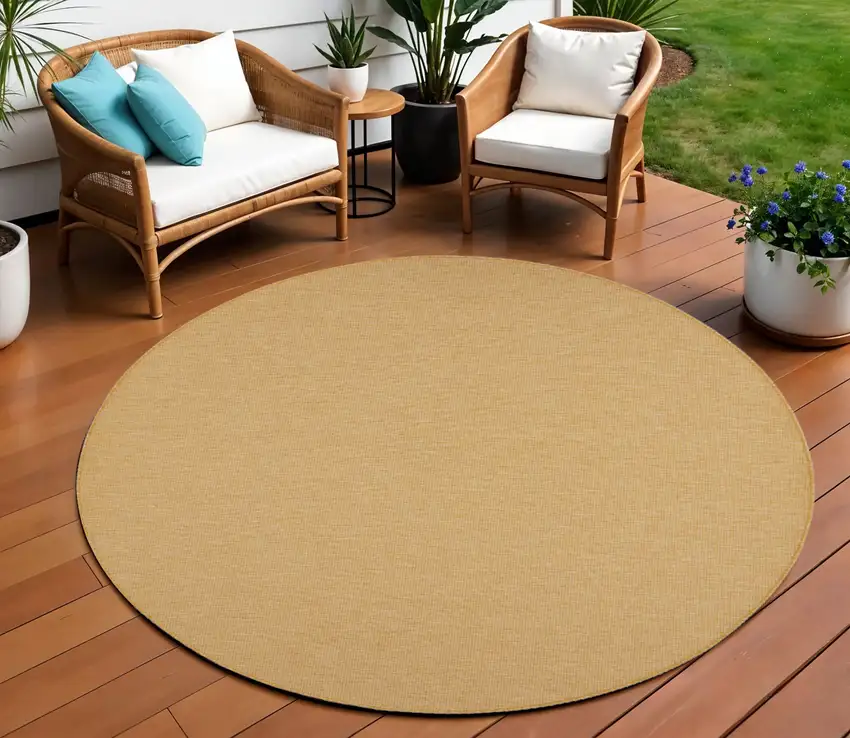 8' Yellow Round Power Loom Area Rug Photo 1