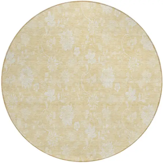 8' Yellow Wheat And Ivory Round Floral Washable Indoor Outdoor Area Rug Photo 2