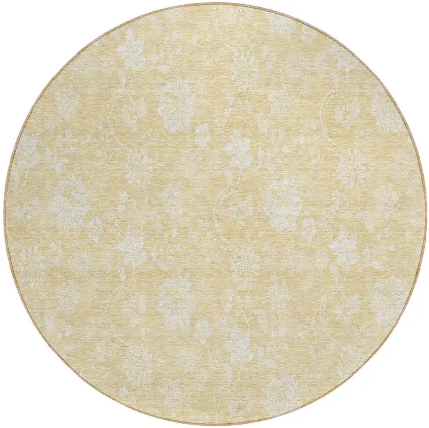 8' Yellow Wheat And Ivory Round Floral Washable Indoor Outdoor Area Rug Photo 2