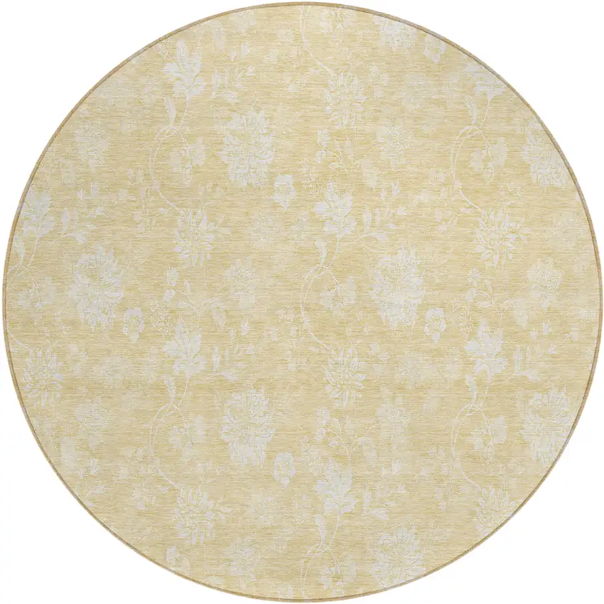 8' Yellow Wheat And Ivory Round Floral Washable Indoor Outdoor Area Rug Photo 2