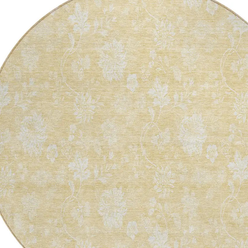 8' Yellow Wheat And Ivory Round Floral Washable Indoor Outdoor Area Rug Photo 4