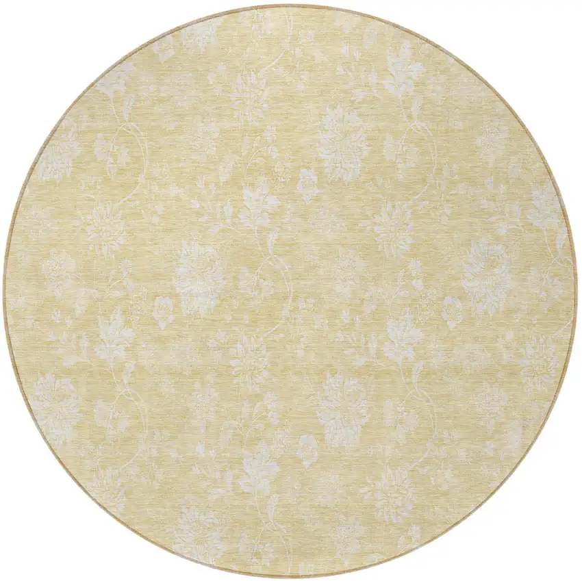 8' Yellow Wheat And Ivory Round Floral Washable Indoor Outdoor Area Rug Photo 5