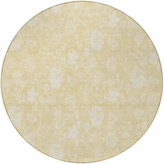 8' Yellow Wheat And Ivory Round Floral Washable Indoor Outdoor Area Rug Photo 5