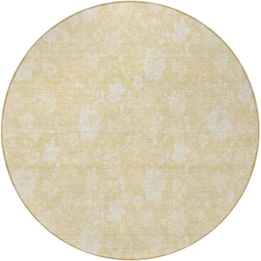 8' Yellow Wheat And Ivory Round Floral Washable Indoor Outdoor Area Rug Photo 5