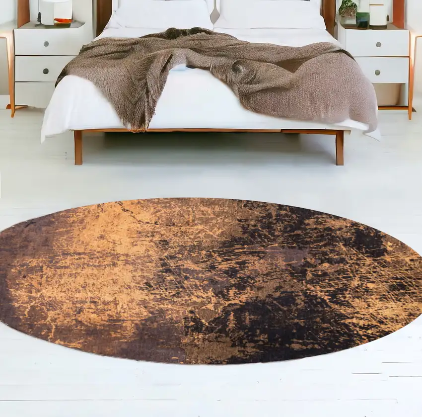 8' Yellow and Brown Round Abstract Non Skid Area Rug Photo 1