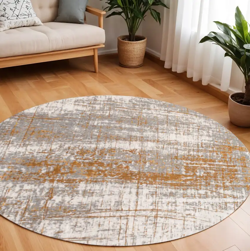 8' Yellow and Brown Round Abstract Non Skid Area Rug Photo 1
