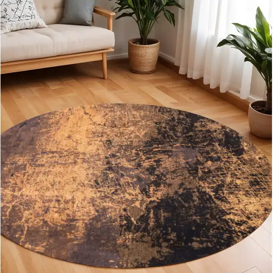 8' Yellow and Brown Round Abstract Non Skid Area Rug Photo 1