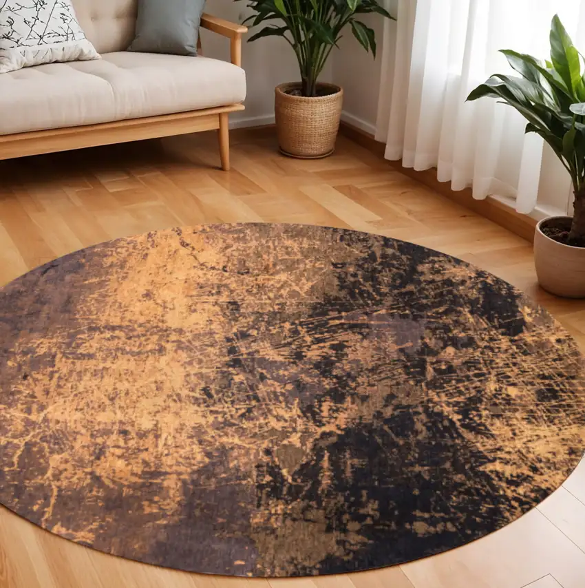 8' Yellow and Brown Round Abstract Non Skid Area Rug Photo 1