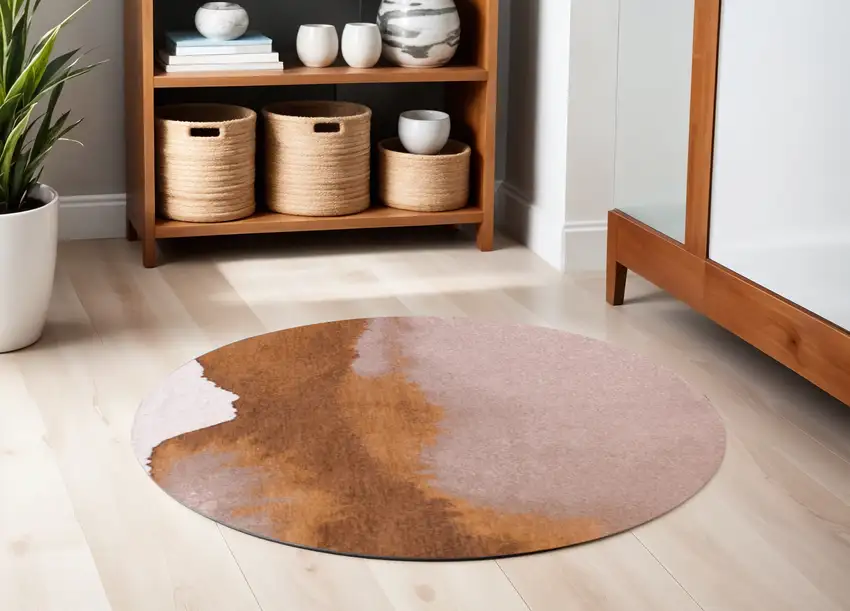 5' Yellow and Brown Round Abstract Non Skid Area Rug Photo 1