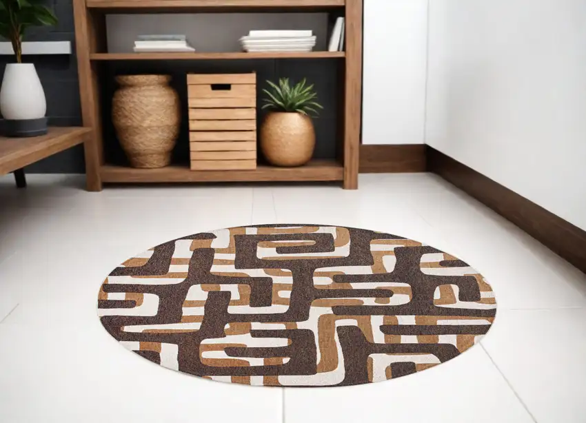 5' Yellow and Brown Round Abstract Non Skid Area Rug Photo 1