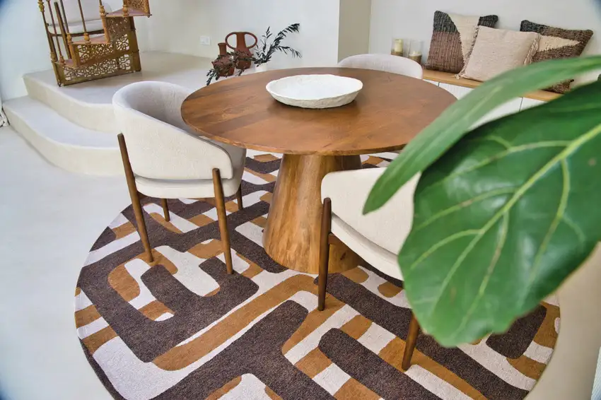 5' Yellow and Brown Round Abstract Non Skid Area Rug Photo 7