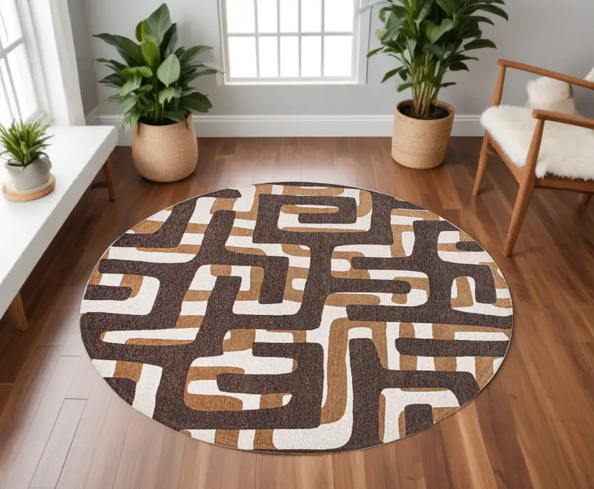 8' Yellow and Brown Round Abstract Non Skid Area Rug Photo 1