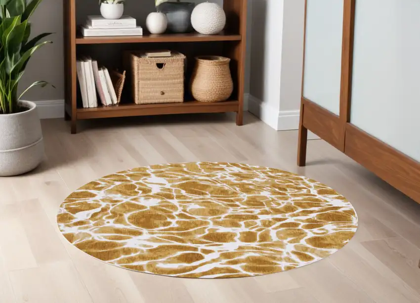 5' Yellow and Brown Round Abstract Non Skid Area Rug Photo 1