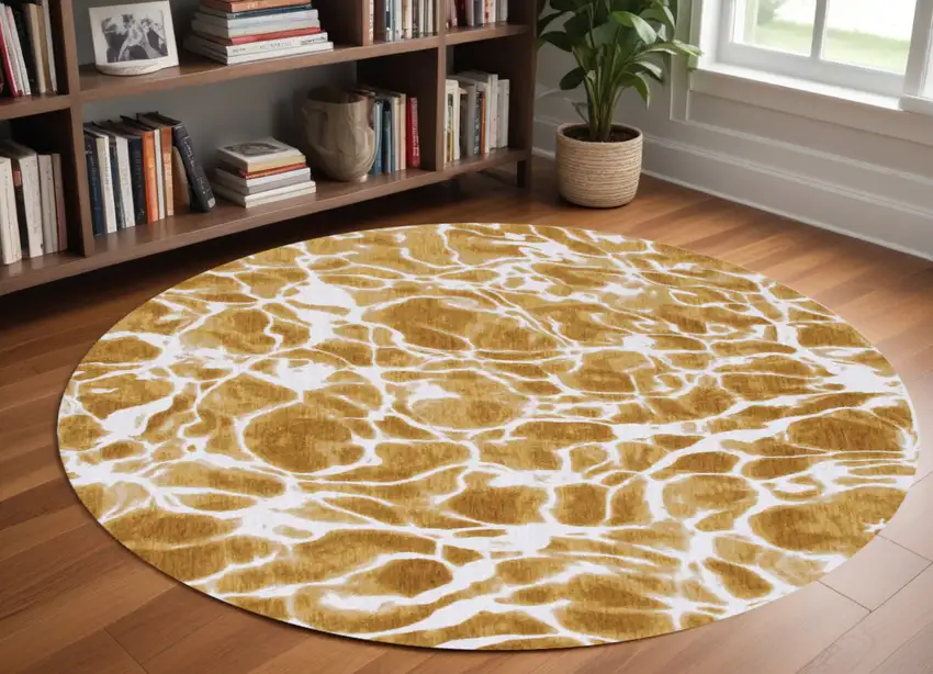 8' Yellow and Brown Round Abstract Non Skid Area Rug Photo 1