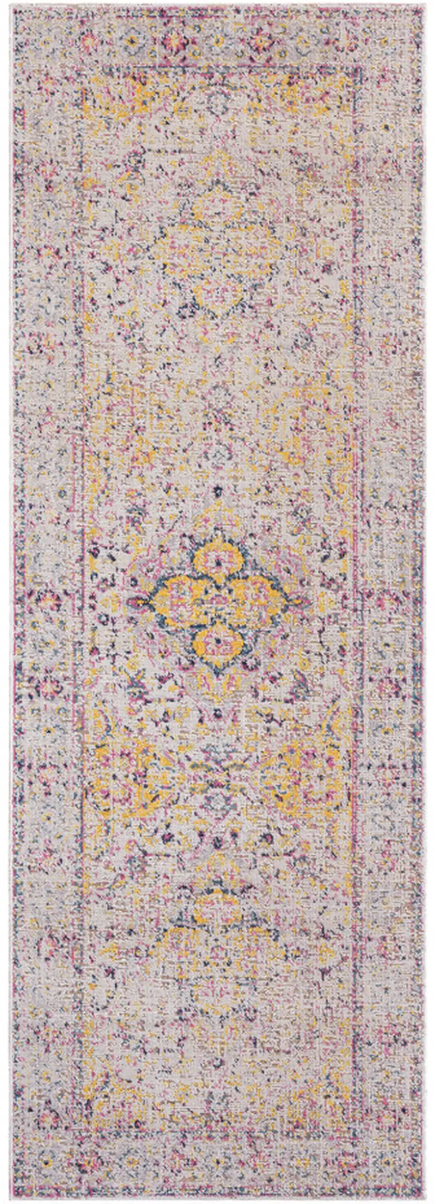 7' Yellow and Ivory Oriental Power Loom Runner Rug With Fringe Photo 1