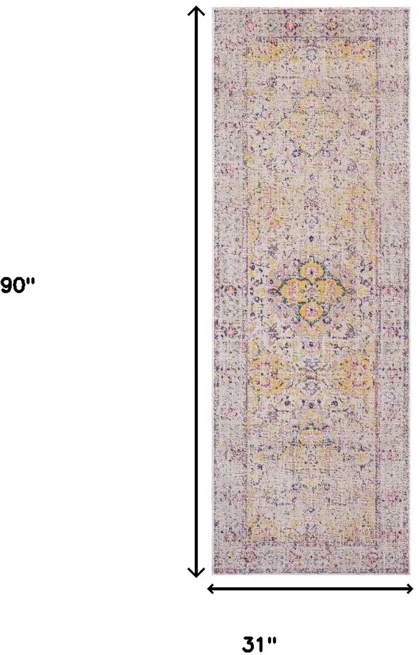 7' Yellow and Ivory Oriental Power Loom Runner Rug With Fringe Photo 7