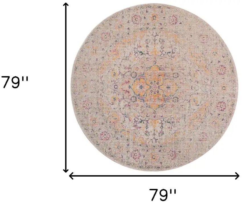 6' Yellow and Ivory Round Oriental Power Loom Distressed Area Rug Photo 7