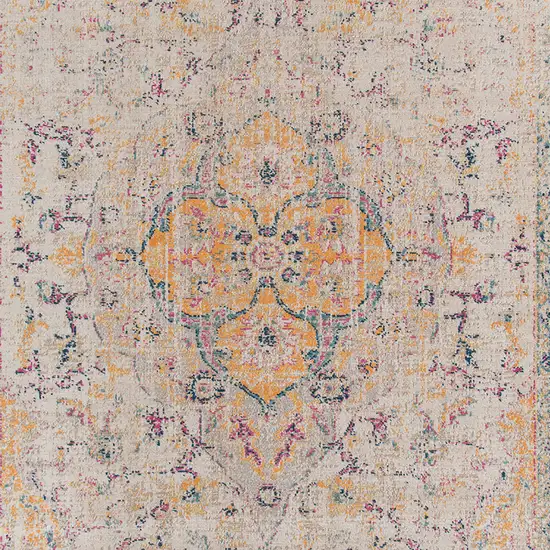 6' Yellow and Ivory Round Oriental Power Loom Distressed Area Rug Photo 8