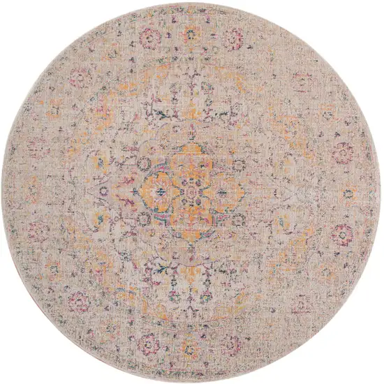 6' Yellow and Ivory Round Oriental Power Loom Distressed Area Rug Photo 1