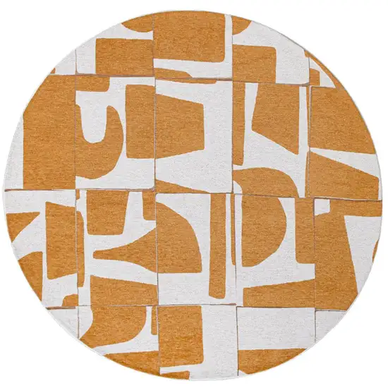 8' Yellow and White Round Geometric Non Skid Area Rug Photo 2