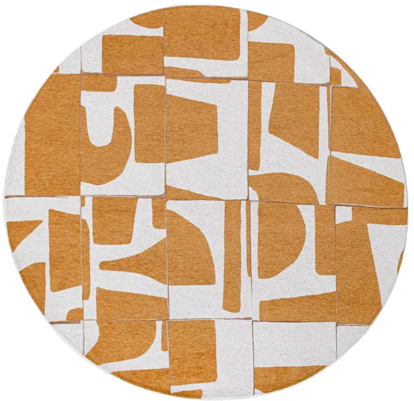 8' Yellow and White Round Geometric Non Skid Area Rug Photo 2