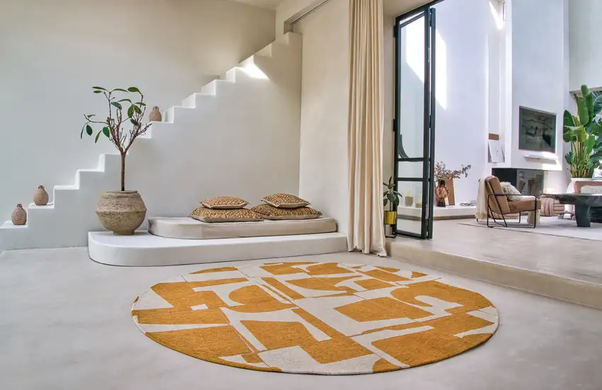 8' Yellow and White Round Geometric Non Skid Area Rug Photo 6