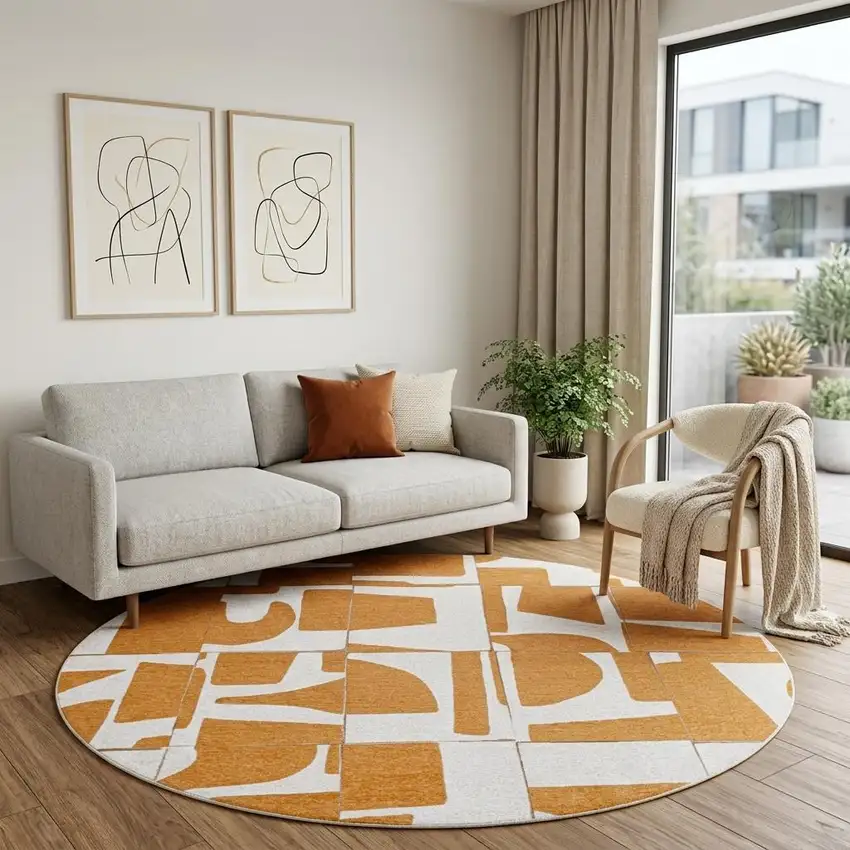 8' Yellow and White Round Geometric Non Skid Area Rug Photo 1
