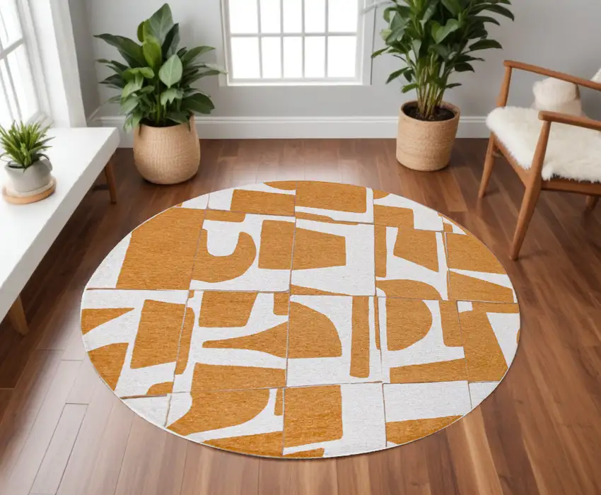 8' Yellow and White Round Geometric Non Skid Area Rug Photo 1