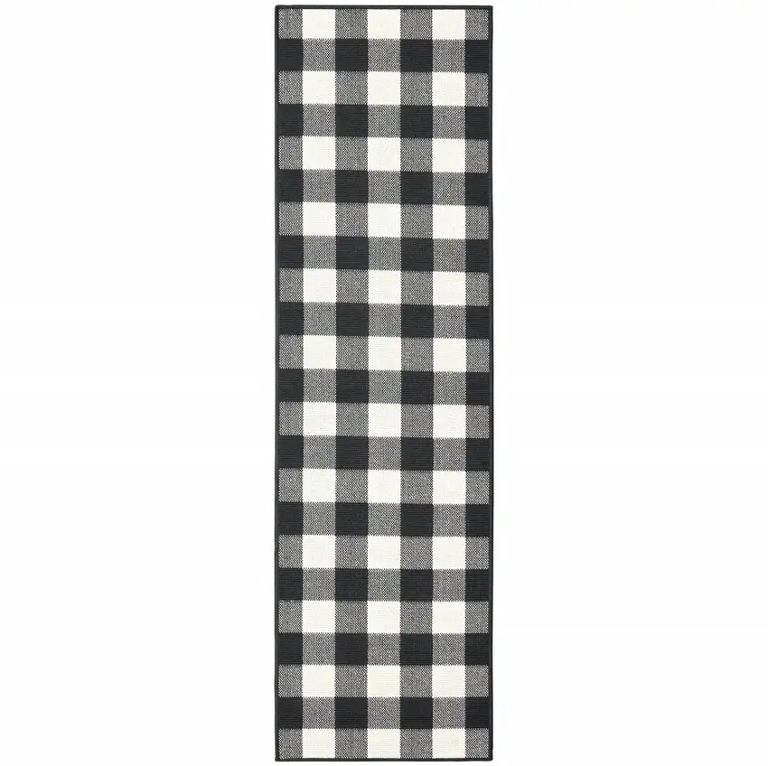 2'x8' Black and Ivory Gingham Indoor Outdoor Runner Rug Photo 1