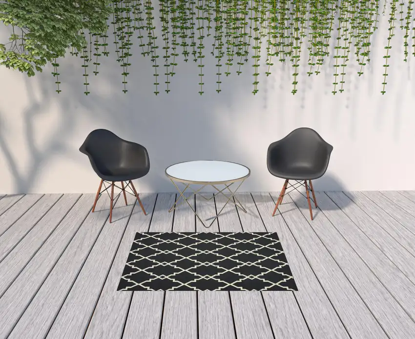 4'x6' Black and Ivory Trellis Indoor Outdoor Area Rug Photo 10