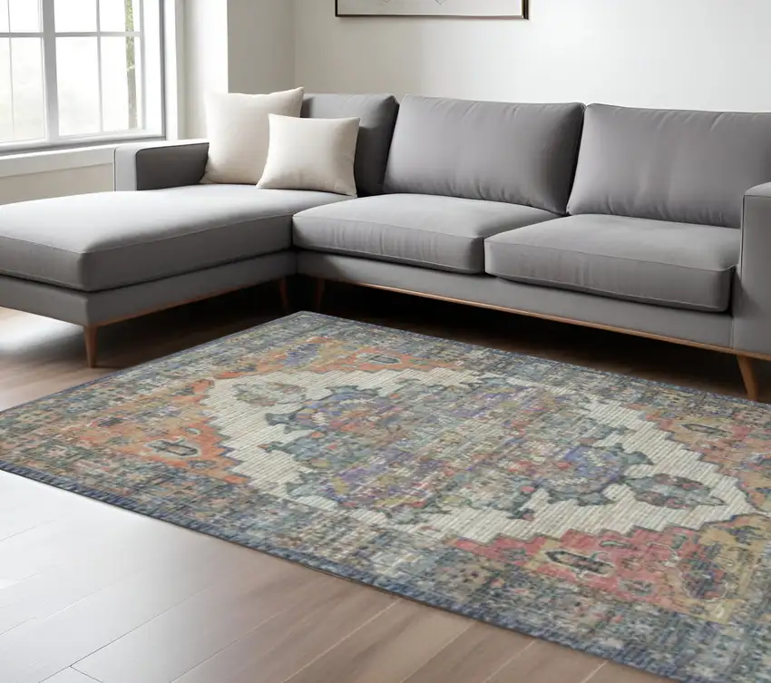 Blue Brick Red And Brown Medallion Hand Woven Distressed Area Rug Photo 2