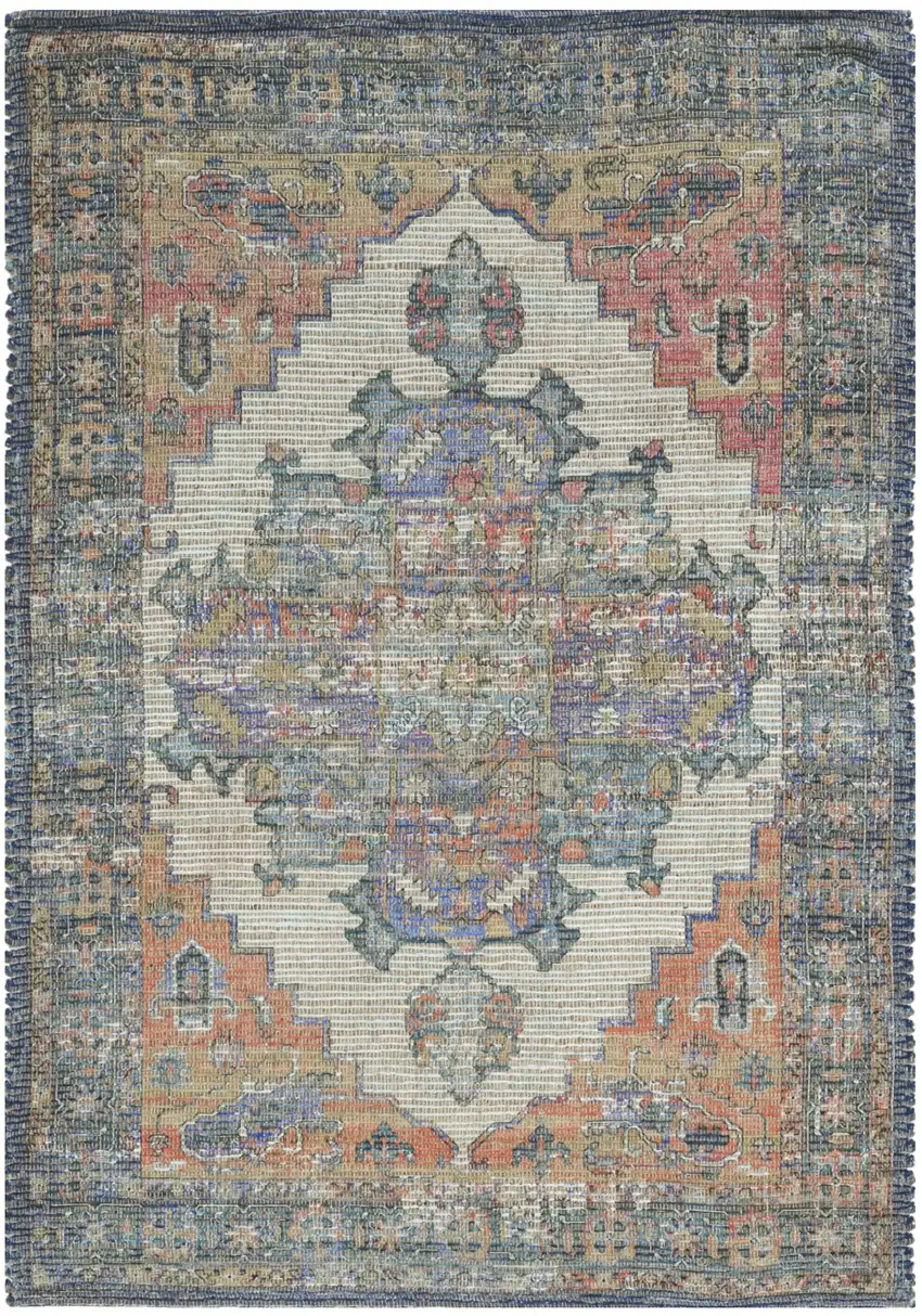 Blue Brick Red And Brown Medallion Hand Woven Distressed Area Rug Photo 1