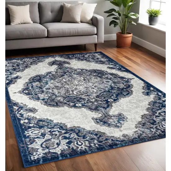 Ivory Gray And Blue Medallion Area Rug Photo 1