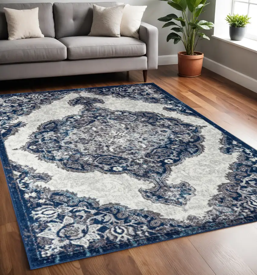 Ivory Gray And Blue Medallion Area Rug Photo 1
