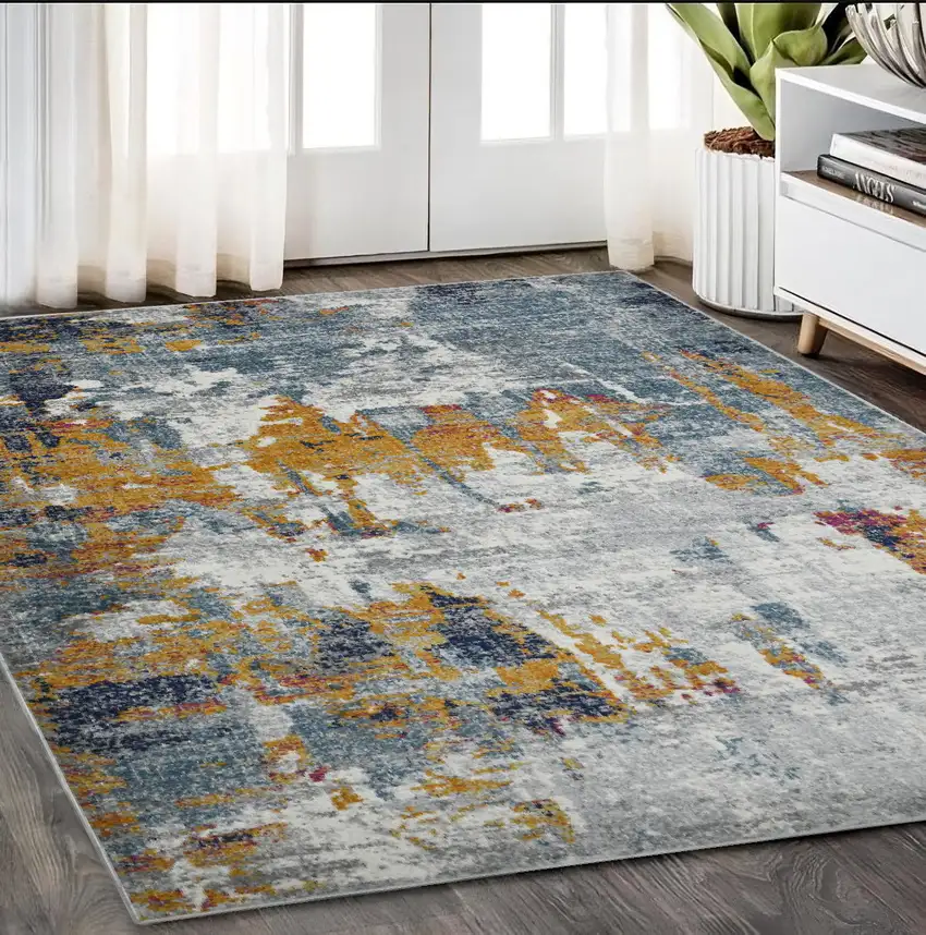 Blue and Orange Abstract Power Loom Area Rug Photo 1