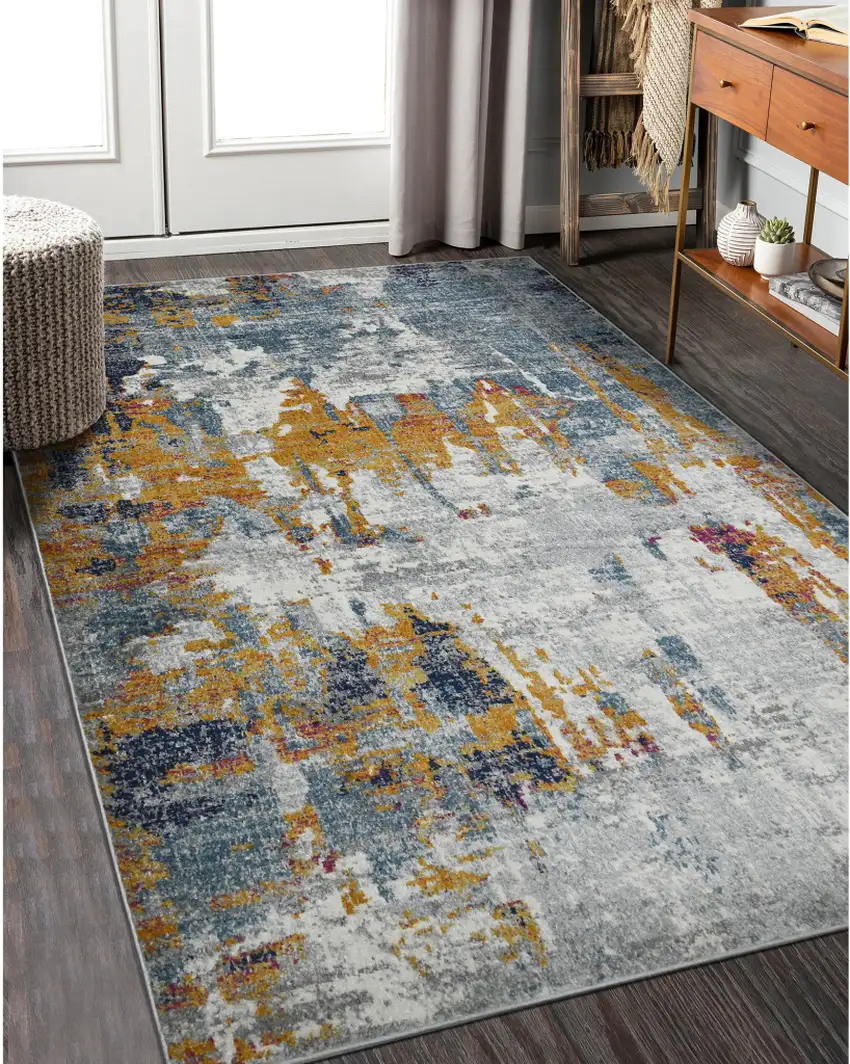 8' x 11' Blue and Orange Abstract Power Loom Area Rug Photo 7