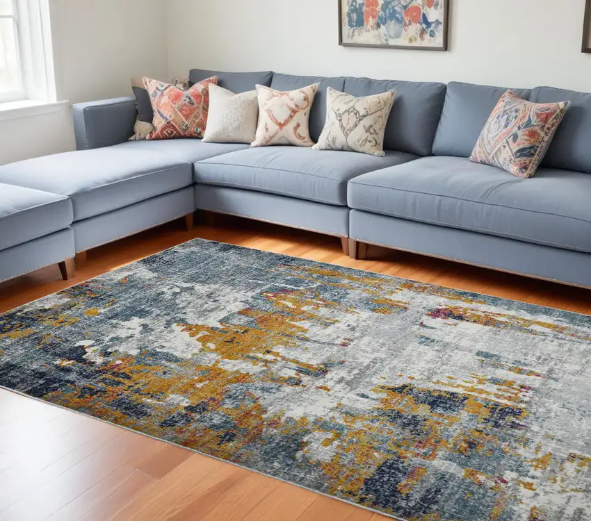 Blue and Orange Abstract Power Loom Area Rug Photo 1