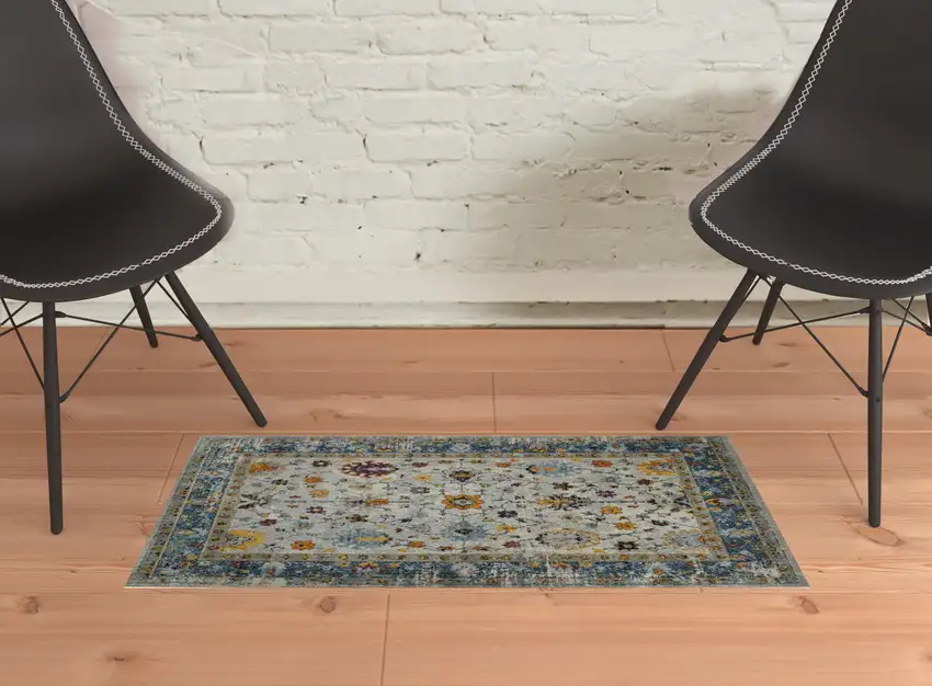 2' x 3' Blue and Orange Floral Power Loom Area Rug Photo 2