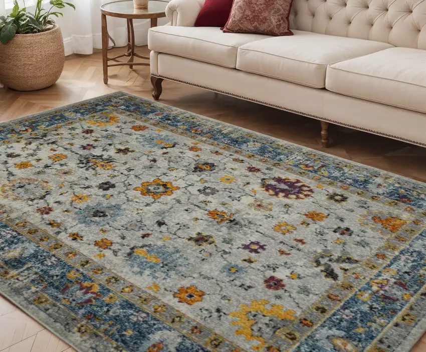 Blue and Orange Floral Power Loom Area Rug Photo 1