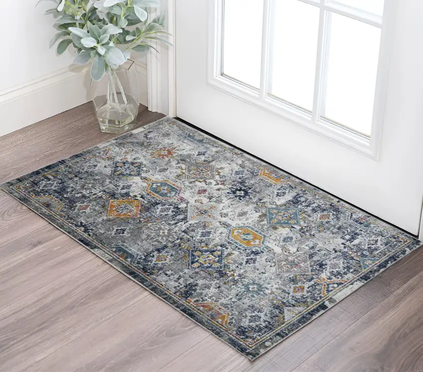 Blue and Orange Geometric Power Loom Area Rug Photo 1