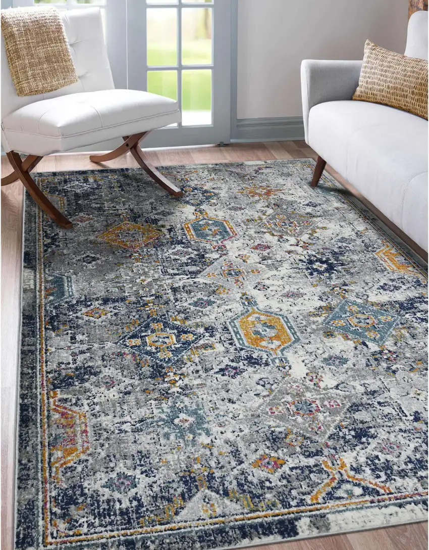 5' x 7' Blue and Orange Geometric Power Loom Area Rug Photo 7