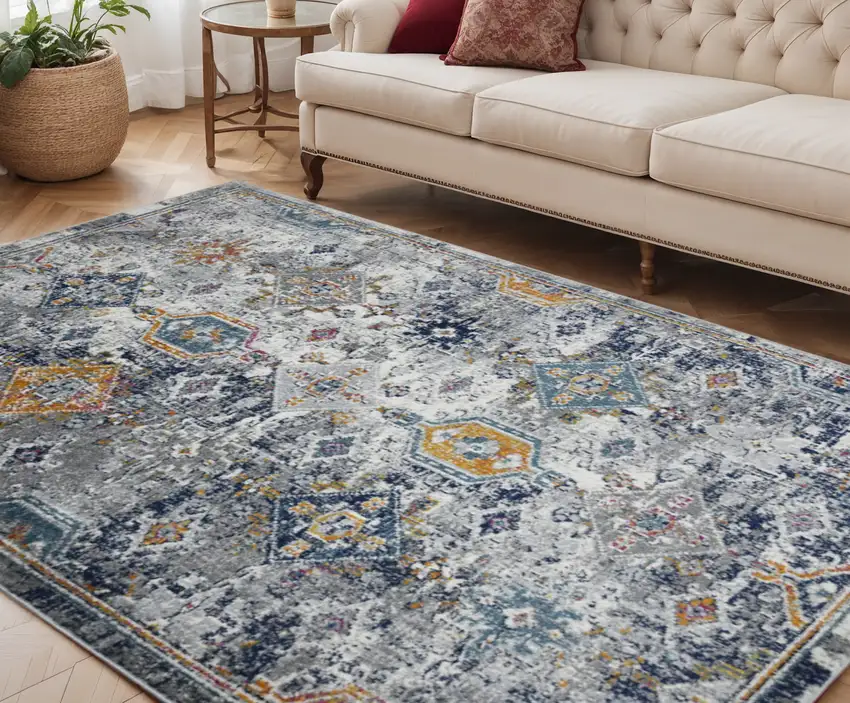 Blue and Orange Geometric Power Loom Area Rug Photo 1