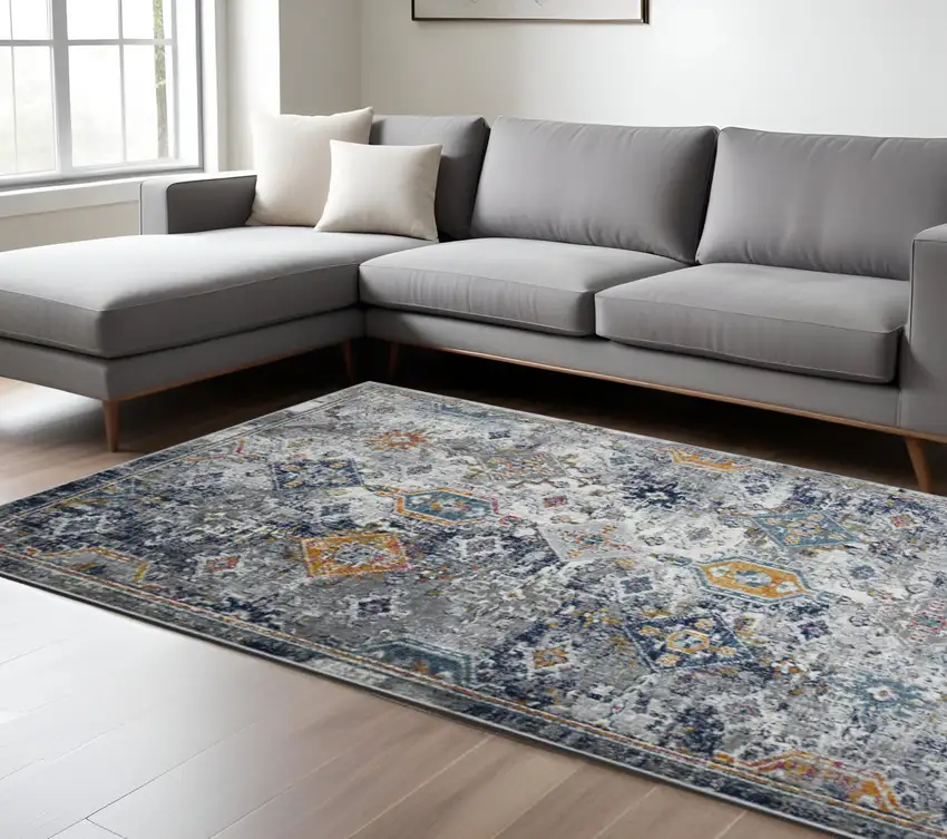 Blue and Orange Geometric Power Loom Area Rug Photo 1