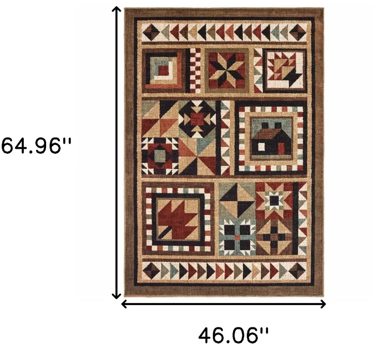 4'x6' Brown and Red Ikat Patchwork Area Rug Photo 4