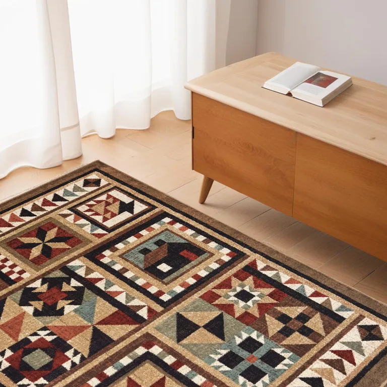 4'x6' Brown and Red Ikat Patchwork Area Rug Photo 5