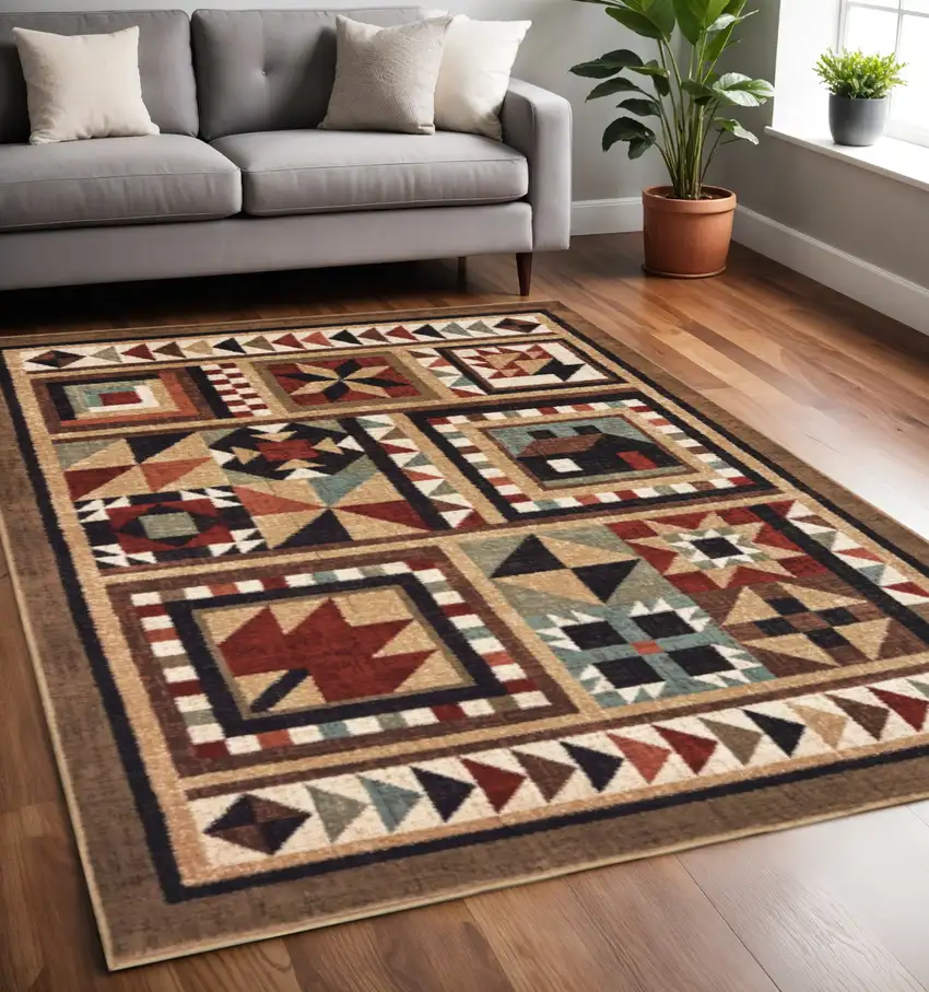 Brown And Red Ikat Patchwork Area Rug Photo 1
