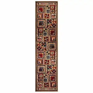 Photo of 2'x8' Brown and Red Ikat Patchwork Runner Rug